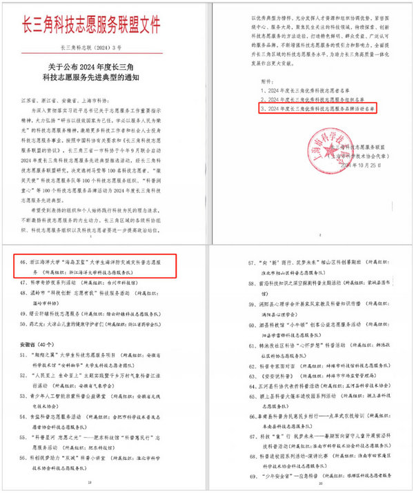 浙江海洋大學“海島衛藍”項目榮獲長三角優秀科技志愿服務品牌活動